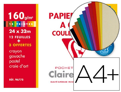 PAPIER DESSIN CLAIREFONTAINE COULEUR TRAVAUX DE DCOUPAGE GOUACHE PASTEL 160G A4+ COLORIS VIFS POCHETTE 12F