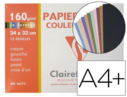 PAPIER DESSIN CLAIREFONTAINE COULEUR TRAVAUX DE DCOUPAGE GOUACHE PASTEL 160G A4+ COLORIS PASTEL POCHETTE 12F