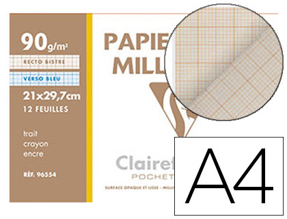 PAPIER VLIN MILLIMTR CLAIREFONTAINE 90G A4 297X210MM COLORIS RECTO BISTRE VERSO BLEU POCHETTE 12F