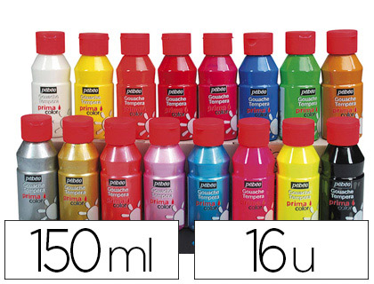 GOUACHE PBO PRIMACOLOR LIQUIDE INODORE ONCTUEUSE APPLICATION FACILE COLORIS ASSORTIS BOTE 16 FLACONS 150ML