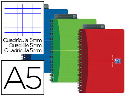 CAHIER SPIRALE OXFORD COUVERTURE PELLICULÉE RELIURE INTÉGRALE OPTIK PAPER A5 14,8X21CM 180 PAGES 90G 5X5MM ASSORTIS