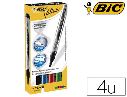 MARQUEUR BIC VELLEDA POCKET EFFAABLE POINTE OGIVE TRAC 3MM ENCRE LIQUIDE FORMAT POCHE COLORIS STANDARDS BOTE 4U