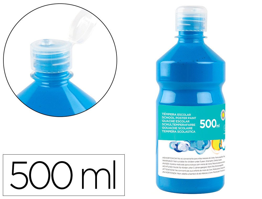 GOUACHE SCOLAIRE LIDERPAPEL LIQUIDE LAVABLE FERMETURE SCURIT BRILLANTE COLORIS BLEU FLACON 500ML