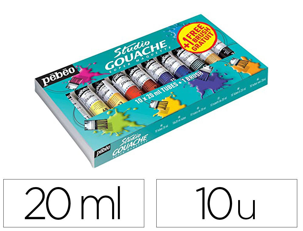PEINTURE GOUACHE  PEBEO SET DE 10 TUBES 20 ML + PINCEAUX
