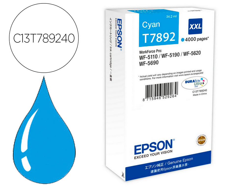 CARTOUCHE EPSON T7892 XXL JET D'ENCRE HAUTE CAPACITÉ WF-5110/5190/5620/5690 COULEUR CYAN