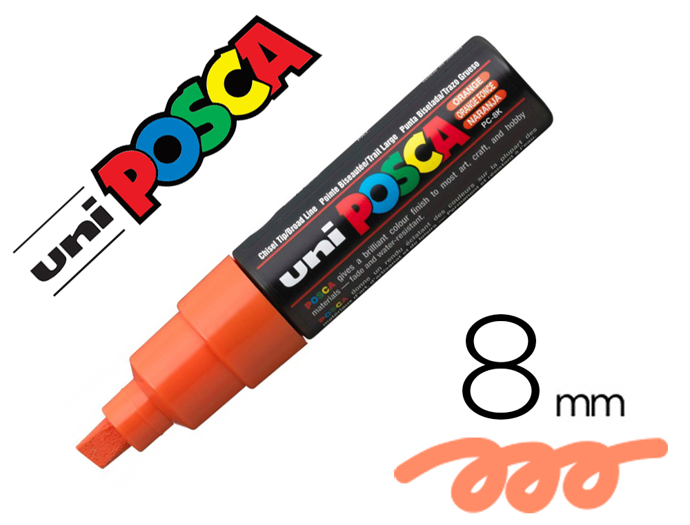 MARQUEUR POSCA PC8K BASE EAU POINTE BISEAUTEE LARGE 8MM    SANS ODEURS/ALCOOL/SOLVANT    TOUT SUPPORTS COLORIS ORANGE