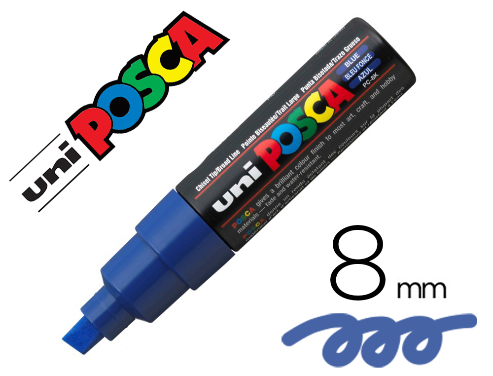 MARQUEUR POSCA PC8K BASE EAU POINTE BISEAUTEE LARGE 8MM    SANS ODEURS/ALCOOL/SOLVANT    TOUT SUPPORTS COLORIS BLEU