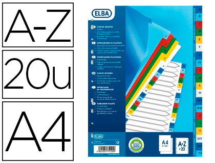 INTERCALAIRE ELBA POLYPROPYLÈNE 12/100E ALPHABÉTIQUE 20 TOUCHES A4 PAGE GARDE PERSONNALISABLE COLORIS ASSORTIS