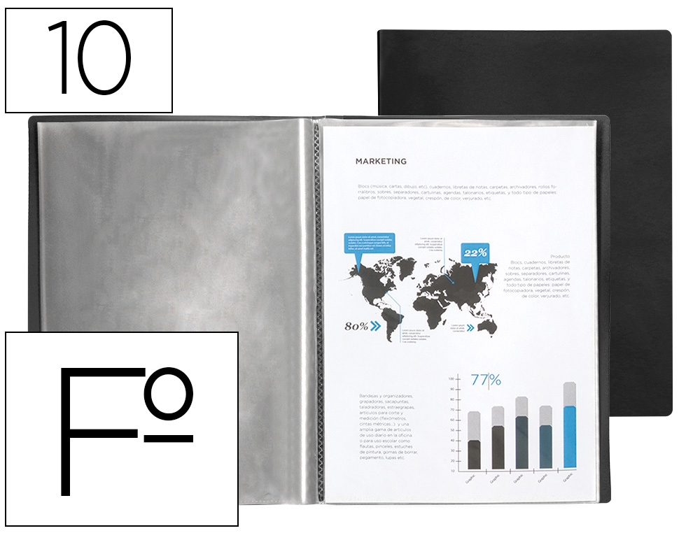 PROTGE-DOCUMENTS LIDERPAPEL POLYPROPYLNE SOUPLE 50/100E 10 POCHETTES A4 210X297MM COLORIS NOIR