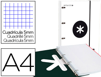 CLASSEUR ANTARTIK 4 ANNEAUX RONDS 25MM A4 CARTON REMBORD FEUILLETS MOBILES QUADRILLAGE 5MM COLORIS BLANC