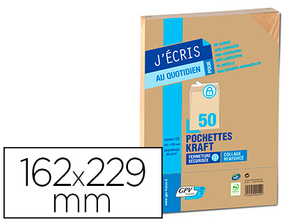 POCHETTE GPV KRAFT BRUN QUALITE SUPERIEURE 85G C5     162X229MM BANDE DE PROTECTION PAQUET 50 UNITES