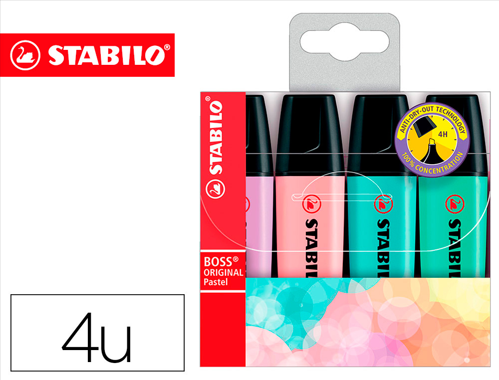 SURLIGNEUR STABILO BOSS PASTEL TRAC 2/5MM POINTE BISEAUTE ENCRE UNIVERSELLE BASE EAU RSISTANTE LUMIRE POCHETTE 4U