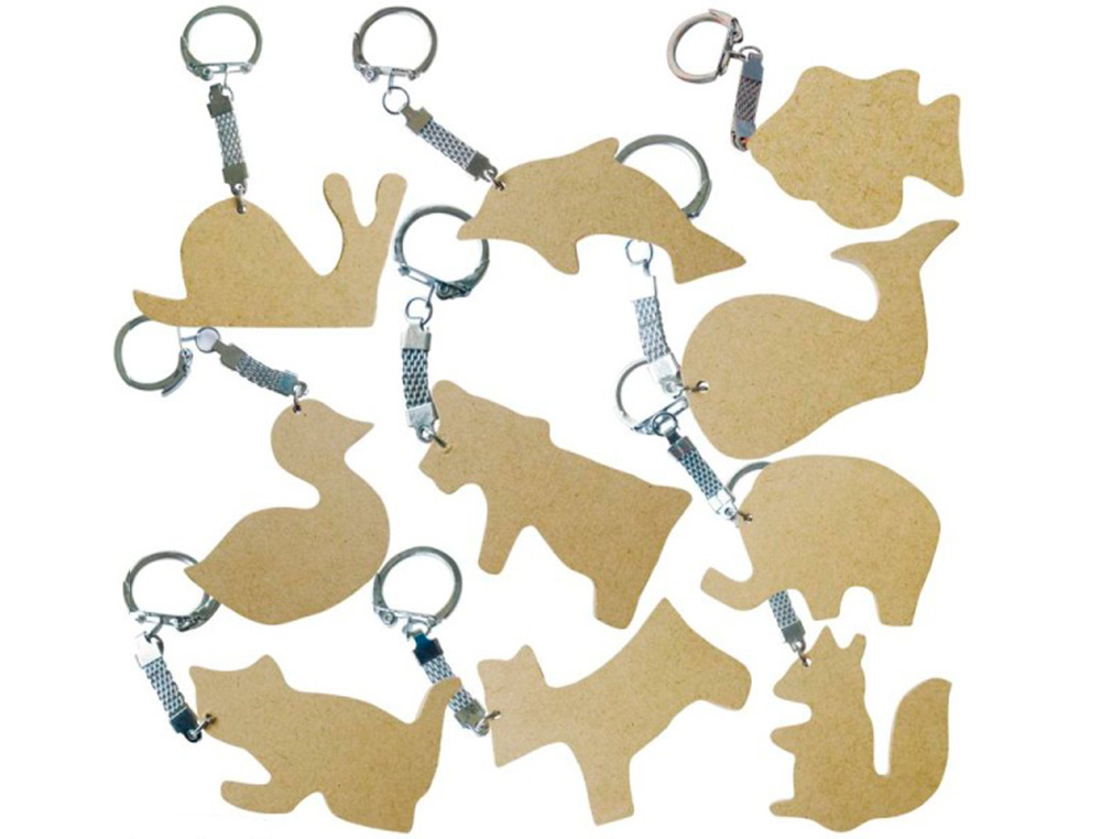 PORTE-CLES EN BOIS A DECORER ASSORTIMENT DIFFERENTES       FORMES 55X55MM LOT 10 UNITES
