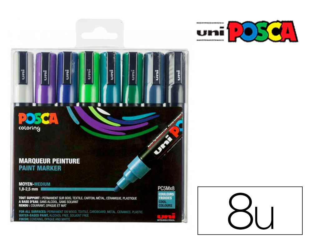 MARQUEUR POSCA PC5M GOUACHE BASE EAU COUVRANTE INODORE    POINTE CONIQUE MOYENNE COLORISASSORTIS 8UN PC5M/8A ASS14