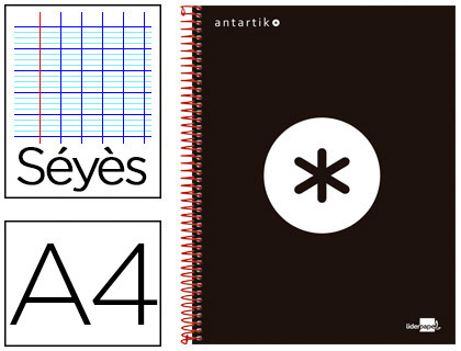 CAHIER SPIRALE LIDERPAPEL ANTARTIK A4 240P 100G COUVERTURE REMBORDÉE SÉYÈS MICROPERFORÉ 5 BANDES 4 TROUS COLORIS NOIR