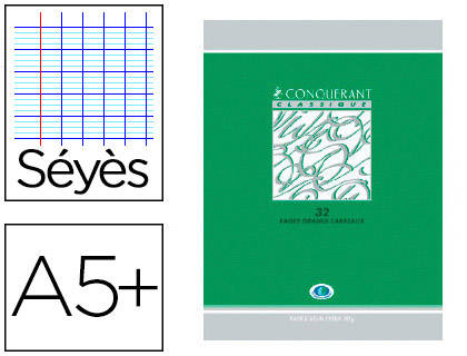 CAHIER DEVOIRS PIQUÉ CONQUÉRANT CLASSIQUE COUVERTURE VERNIE CARTE COUCHÉE A5+ 17X22CM 60 PAGES 90G SÉYÈS