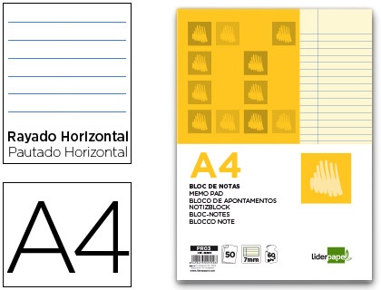 BLOC-NOTES LIDERPAPEL ENCOLL A4 210X297MM 50F 60G/M2 LIGN MARGE FEUILLES JAUNES