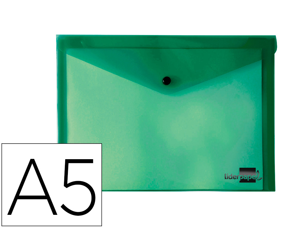 POCHETTE ENVELOPPE LIDERPAPEL POLYPROPYLNE 180 MICRONS A5 210X148MM 50F FERMETURE BOUTON RSISTANT TRANSPARENT VERT