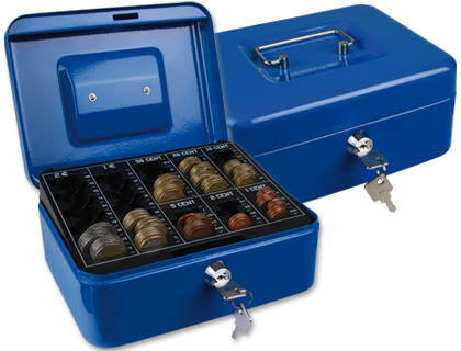CAISSE MONNAIE Q-CONNECT STRUCTURE ACIER 0.8MM PAISSEUR PLATEAU AMOVIBLE ESPACE BILLETS 200X160X90MM COLORIS BLEU