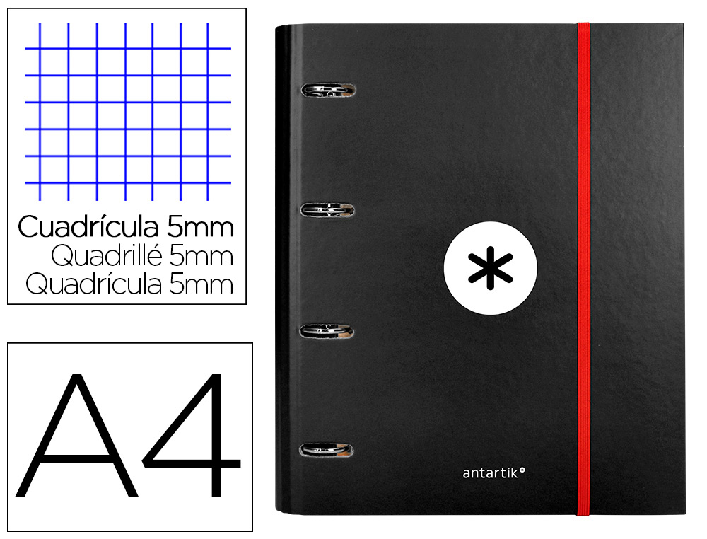 CLASSEUR ANTARTIK 4 ANNEAUX RONDS 40MM A4 CARTON REMBORDE FEUILLETS MOBILES QUADRILLAGE 5MM COLORIS NOIR