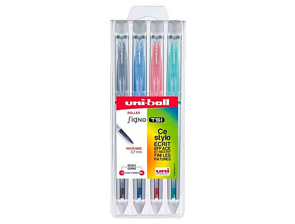 ROLLER UNIBALL SIGNO TSI ENCRE GEL EFFAÇABLE POINTE MOYENNE TRACÉ 0.7MM COLORIS CLASSIQUES ASSORTIS POCHETTE 4 UNITÉS