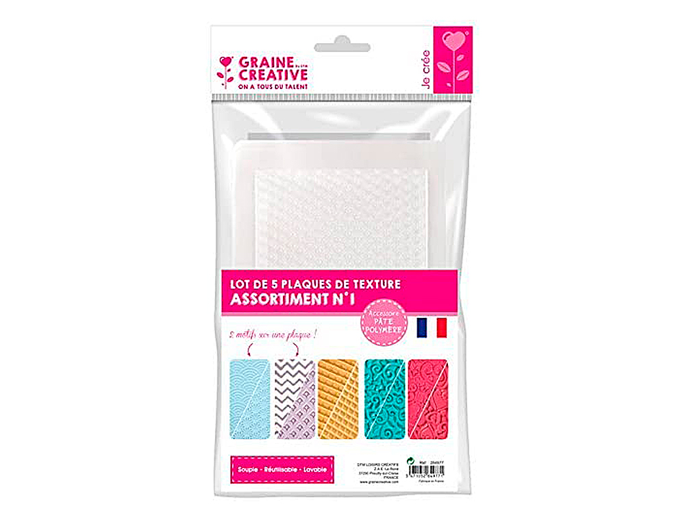 PLAQUE TEXTURE GRAINE CREATIVE SOUPLE THERMOFORMEE 210X148X1,5MM ROULEAU OU MACHINE A PATE MOTIFS ASSORTIS PAQUET 5 UNI