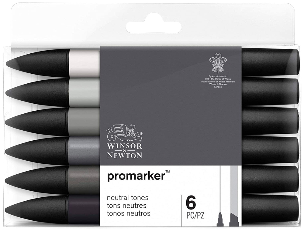 MARQUEUR PROFESSIONNEL W&N PROMARKER DOUBLE POINTE TONS NEUTRES GRIS FROID/NOIR SET 6 UNITÉS       0290154