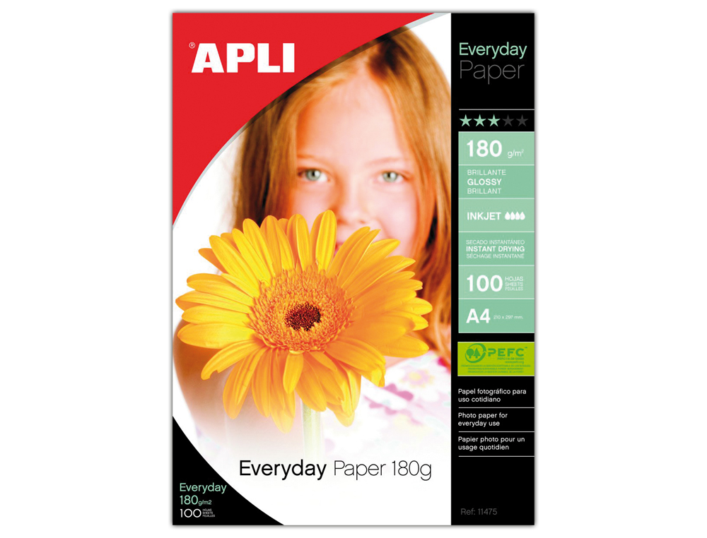 PAPIER PHOTO APLI AGIPA JET D'ENCRE EVERYDAY BRILLANT A4 180G/M2 PAQUET 100 FEUILLES