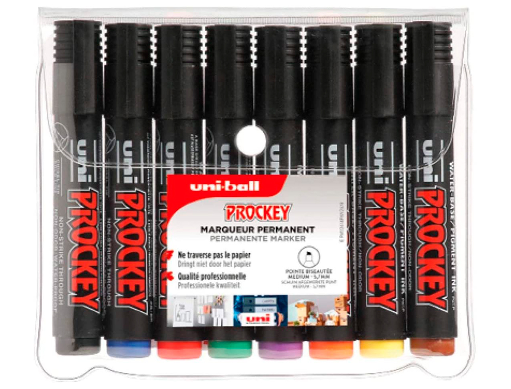 MARQUEUR UNIBALL UNI PROCKEY PERMANENT POINTE BISEAUTE TRAC 2/5MM ENCRE SANS ALCOOL CORPS PLASTIQUE POCHETTE 8 UNITS