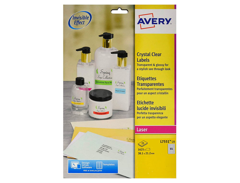 TIQUETTE ADHSIVE AVERY EXPDITEUR LASER  38.1X2           1.2MM TRANSPARENTE ENLEVABLE SANS TRACE 1625 UNITS
