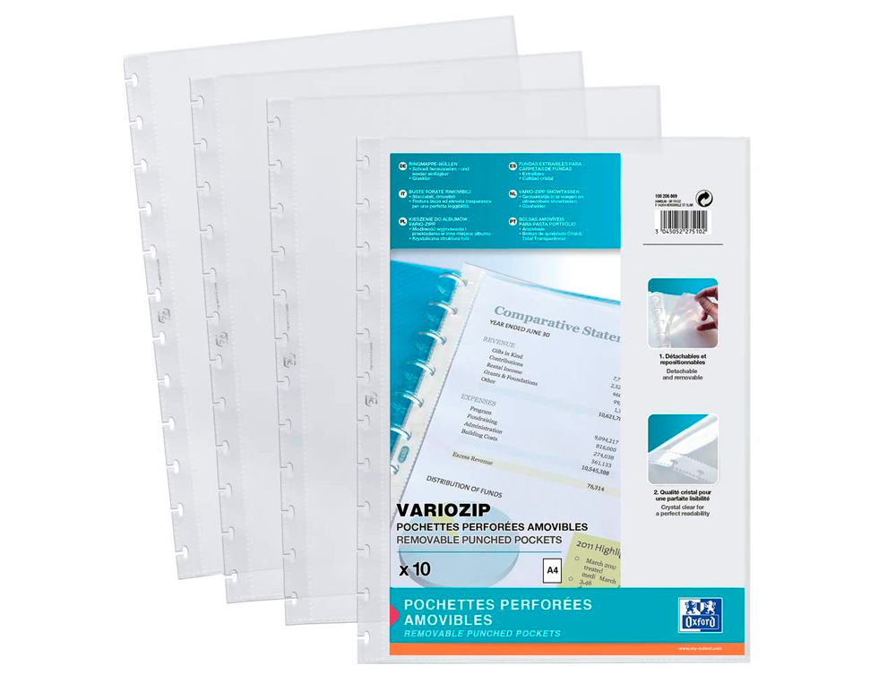 POCHETTE ELBA RECHARGE PROTGE-DOCUMENTS VARIO ZIP POLYVISION CRISTAL LISSE A4 210X297MM PAQUET 10 UNITS