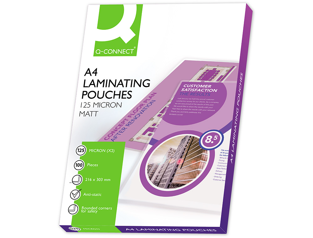 POCHETTE PLASTIFICATION Q-CONNECT AUTOADHSIVE 2 FACES FORMAT A4 125 MICRONS ANTISTATIQUE BOTE 100 UNITS