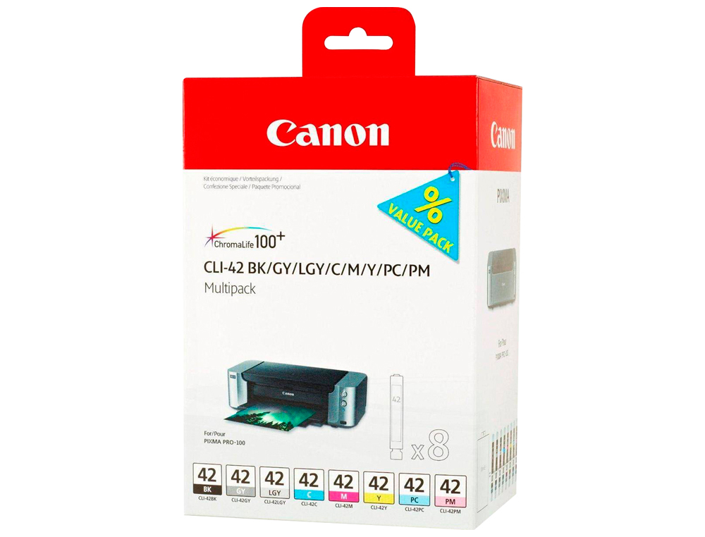 CARTOUCHE CANON JET D'ENCRE CLI-42 PIXMA PRO-100/100S MULTIPACK DE 8 COULEURS 13ML BK GY LGY CM Y PC PM