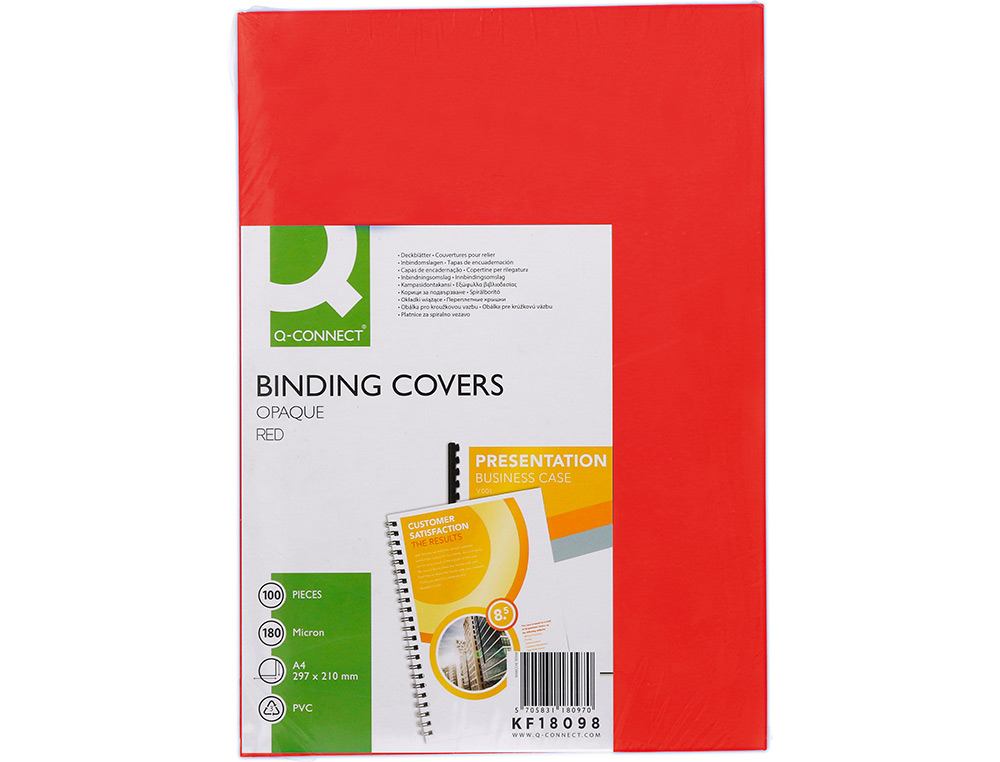 PLAT COUVERTURE Q-CONNECT PVC 180 MICRONS A4 RELIEURS SPIRALES PEIGNES ANNEAUX COLORIS ROUGE BOÎTE 100 UNITÉS