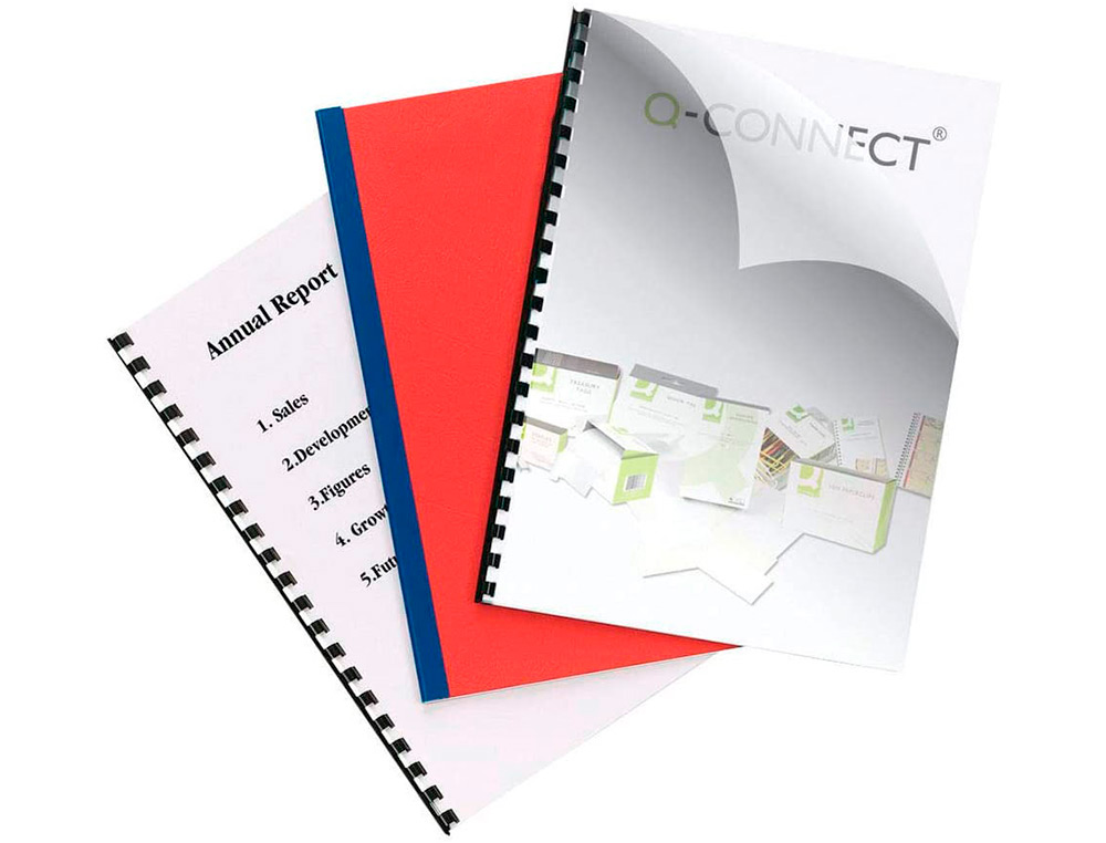 PLAT COUVERTURE Q-CONNECT PVC 180 MICRONS A4 RELIEURS SPIRALES PEIGNES ANNEAUX COLORIS ROUGE BOÎTE 100 UNITÉS