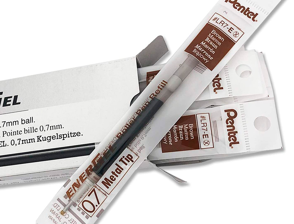 RECHARGE ROLLER PENTEL ENCRE GEL BL77 BL107 ENCRE FLUIDE   DOUCE LUMINEUSE POINTE        MOYENNE SECHAGE RAPIDE MARRON