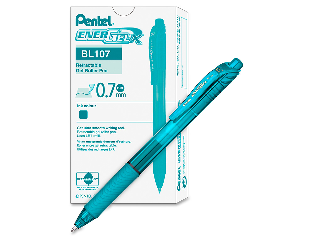 ROLLER PENTEL ENERGEL RETRACTABLE RECHARGEABLE      ENCRE DOUCE FLUIDE POINTE METAL 0,7MM GRIP CONFORT TURQUOISE