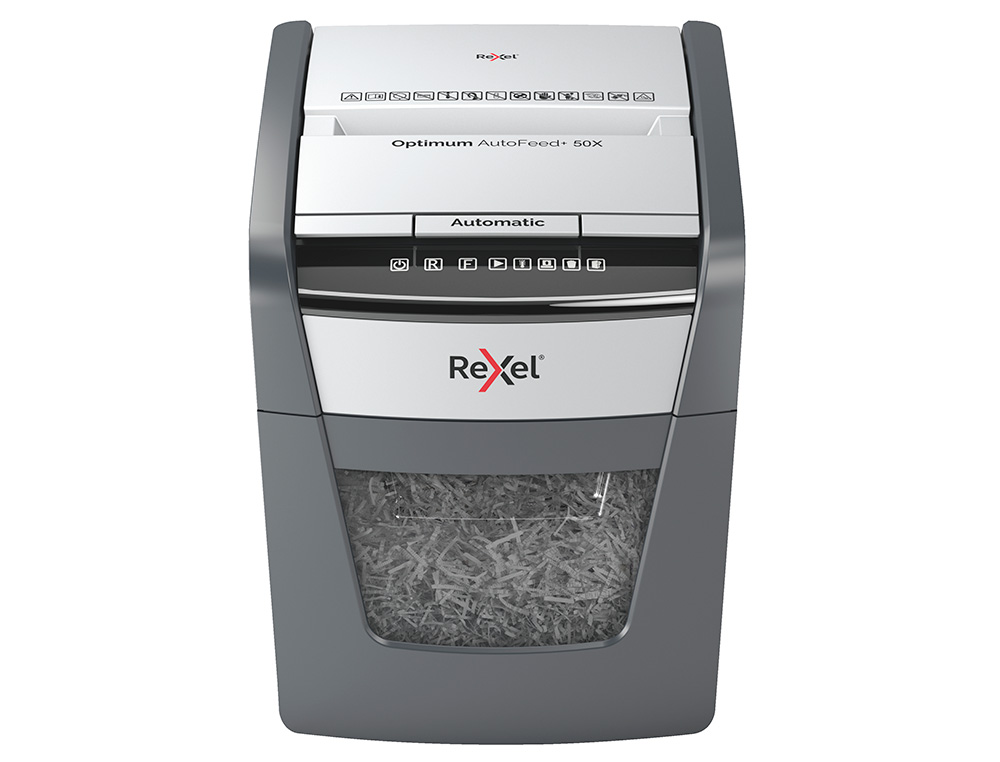 DESTRUCTEUR REXEL OPTIMUM AUTOFEED+ 50X COUPE CROISEE   4X28MM 50F CARTES CREDIT      TROMBONES AGRAFES SECURITE 4