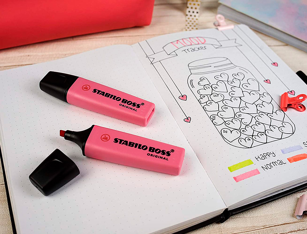 SURLIGNEUR STABILO BOSS ORIGINAL PASTEL ENCRE BASE EAU POINTE BISEAUTEE LARGEUR TRACE 2/5MM COLORIS PETALE DE
