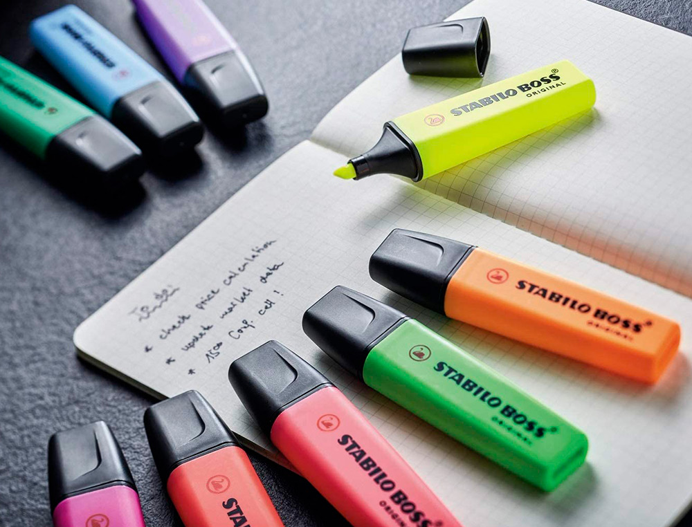 SURLIGNEUR STABILO BOSS ORIGINAL EDITION COLLECTOR    RECHARGEABLE POINTE BISEAUTEE TRACE 2/5MM DESKSET 15 UNITES