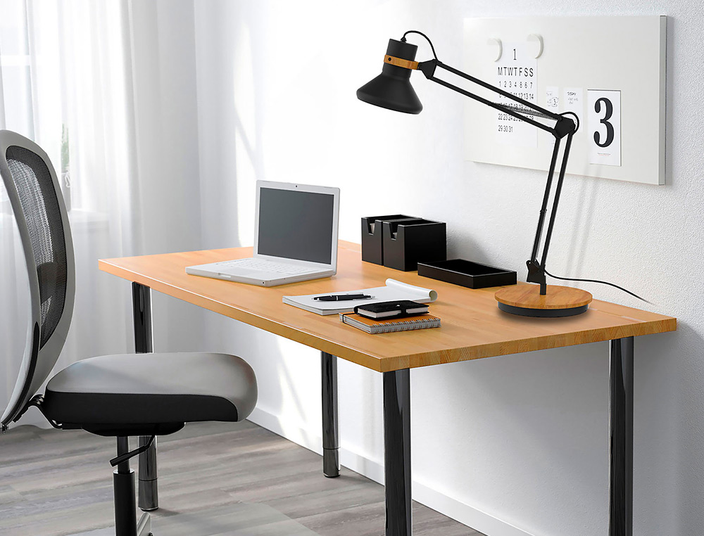 LAMPE DE BUREAU LED UNILUX BAYA DOUBLE BRAS ALUMINIUM PIVOTANT SOCLE ACIER HAUTEUR REGLABLE 15/55CM BAMBOU NOIR