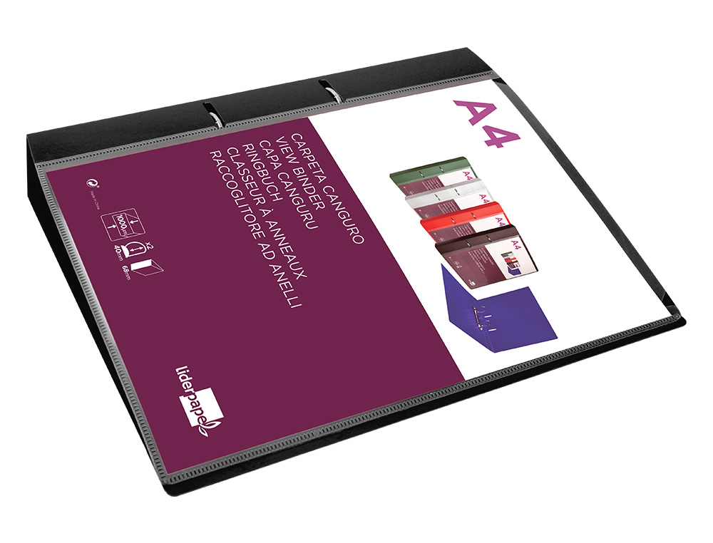 CLASSEUR KANGOUROU LIDERPAPEL 2 ANNEAUX EN D 40MM           POLYPROPYLENE 283X320MM       DOCUMENT A4 COLORIS NOIR