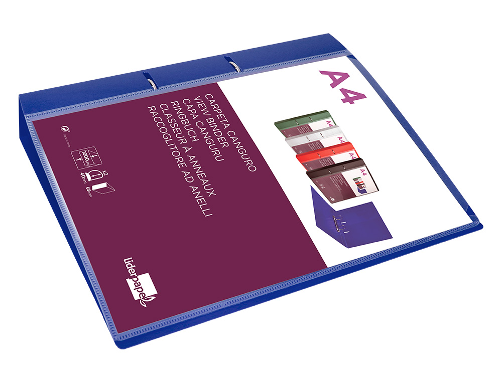 CLASSEUR KANGOUROU LIDERPAPEL 2 ANNEAUX EN D 40MM POLYPROPYLENE 283X320MM DOCUMENT A4 COLORIS BLEU TRANSLUCIDE
