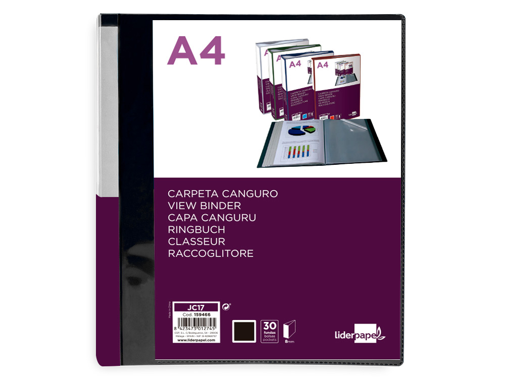 PROTEGE-DOCUMENTS LIDERPAPEL PERSONNALISABLE KANGOUROU     POLYPROPYLENE 30 POCHETTES    FIXES A4 COLORIS NOIR OPAQUE