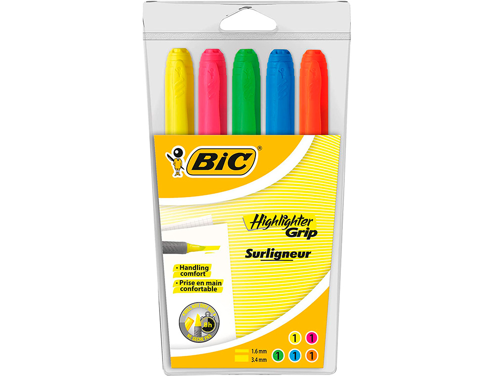 SURLIGNEUR BIC HIGHLIGHTER GRIP CAOUTCHOUC POINTE        MOYENNE BISEAUTEE POCHETTE 5  UNITES JAUNE BLEU VERT ORANGE