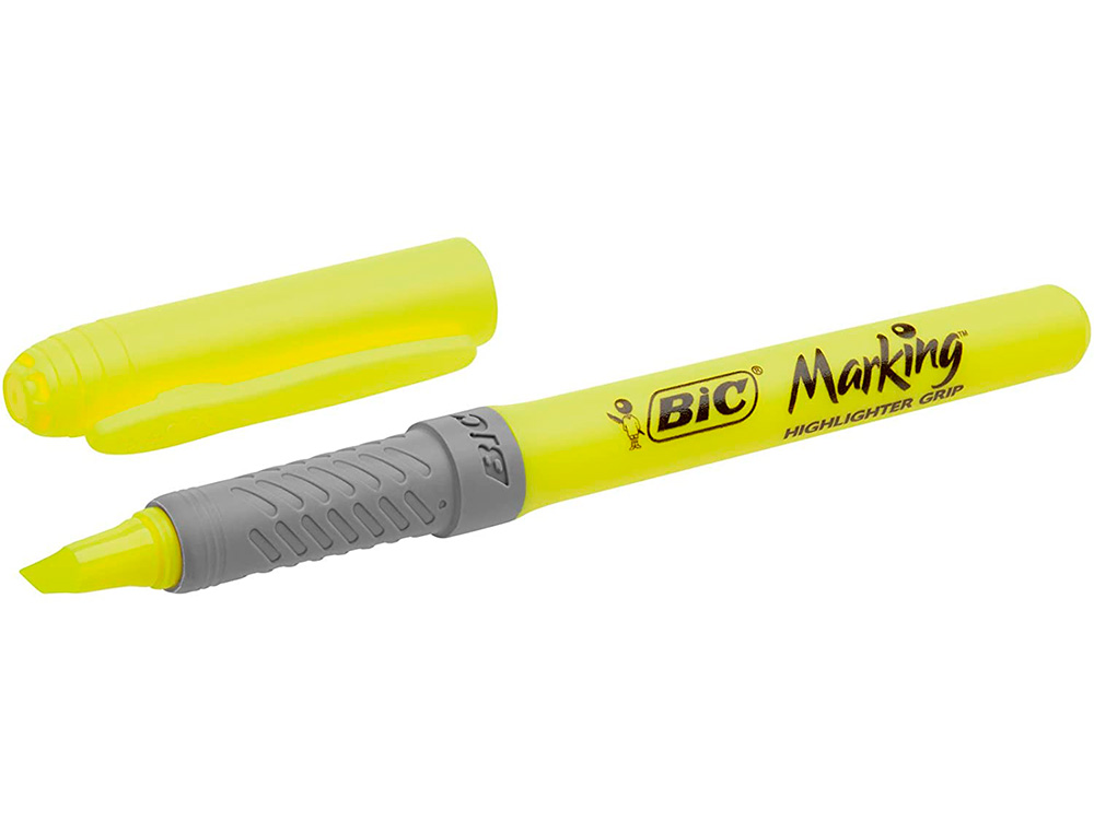 SURLIGNEUR BIC HIGHLIGHTER GRIP CAOUTCHOUC POINTE        MOYENNE BISEAUTEE POCHETTE 5  UNITES JAUNE BLEU VERT ORANGE