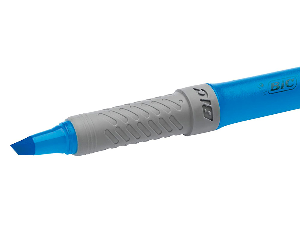 SURLIGNEUR BIC HIGHLIGHTER GRIP CAOUTCHOUC POINTE        MOYENNE BISEAUTEE POCHETTE 5  UNITES JAUNE BLEU VERT ORANGE