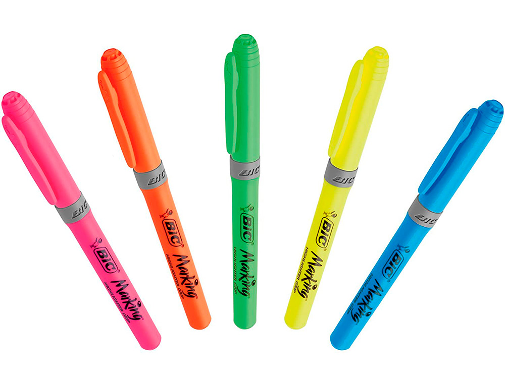 SURLIGNEUR BIC HIGHLIGHTER GRIP CAOUTCHOUC POINTE        MOYENNE BISEAUTEE POCHETTE 5  UNITES JAUNE BLEU VERT ORANGE