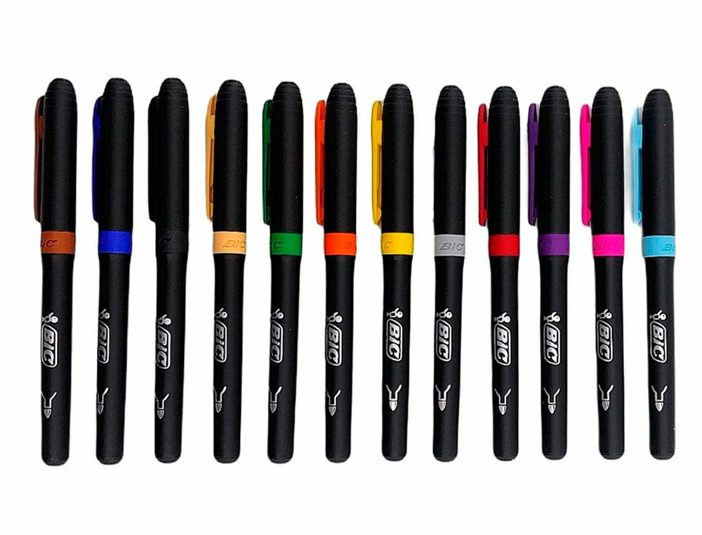 12 FEUTRES BIC CORPS NOIR GRIP CAOUTCHOUC CAPUCHON      VENTILE COULEUR DE L'ENCRE