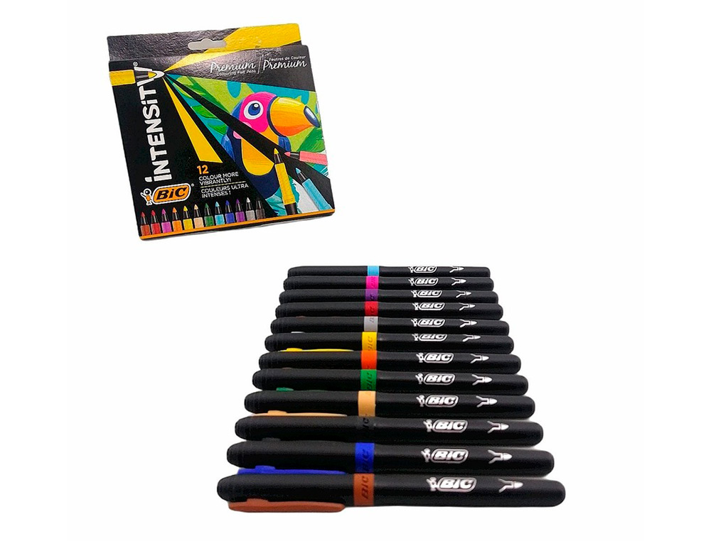 12 FEUTRES BIC CORPS NOIR GRIP CAOUTCHOUC CAPUCHON      VENTILE COULEUR DE L'ENCRE